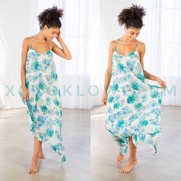 Blue & Green Vibrant Floral Print Maxi Dress Spaghetti Straps Uneven Hem - Picture 9 of 14